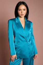 Petite Satin Double Breasted Blazer - Teal - Size: 8