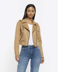 Womens Jacket Biker Brown Faux Suede - Size 8 Uk
