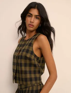 Pure Cotton Checked Button Through Tank Top Green female - Nobody's Child - FashionsVida