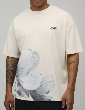 Men's Floral Asymmetric Print Heavy Interlock Oversized T-Shirt Ecru Size X-Large Ecru XL - boohooMAN - FashionsVida