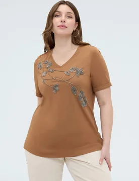 Camiseta de mujer de algodón con bordado floral aplicaciones decorativas con motivo floral en el delantero - Fiorella Rubino - FashionsVida