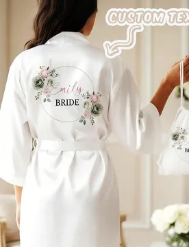 Pieza Bata de novia de satén personalizada para mujer, diseño de manga corta, texto personalizable, adecuada para la novia y las damas de honor, bat - Shein - FashionsVida
