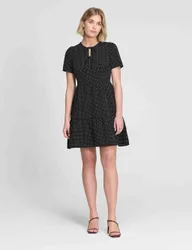 Polka Dot Tie Front Tiered Mini Dress Black Mix female