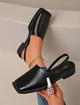 Sandalias de mujer con punta cuadrada y elástico, zapatos planos de verano con cierre de dedo, parte superior de cuero PU con brillo, suela de goma c - Shein - FashionsVida