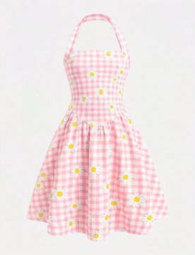 Vestido casual de vacaciones y viajes para niña preadolescente con estampado de cuadros y flores, cuello halter y pliegues