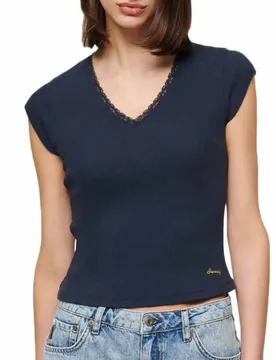 T-shirt à Manches Courtes Et Col En V Essential Lace Trim Richest Navy S-M