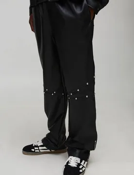 Men's Tall Studded Leather Look Zip Hem Relaxed Fit Trousers Black Size Small Black S - boohooMAN - FashionsVida