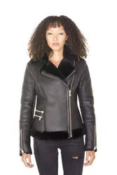 Women's Shearling Sheepskin Aviator Jacket-Patchway in Black Size: 12 - Black - Size: 12