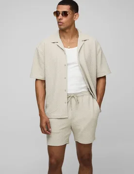 Mens Short Sleeve Oversized Diamond Stretch Shirt & Set - Beige - Size Small - boohooMAN - FashionsVida