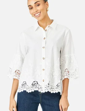 Women's White Cotton Lace Border Shirt Size: 12 - White - Size: 12 - Yumi - FashionsVida
