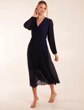 Wrap Front Pleated Midi Dress - S/M / NAVY - female - Blue Vanilla - FashionsVida