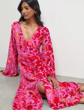 Women's Devore Plunge Neck Waisted Midi Dress in Pink Size: 14 - Pink - Size: 14 - Warehouse - FashionsVida
