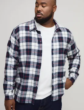 Men's Plus Regular Fit Brushed Checked Shirt Navy Size 2X-Large Navy 2XL - boohooMAN - FashionsVida