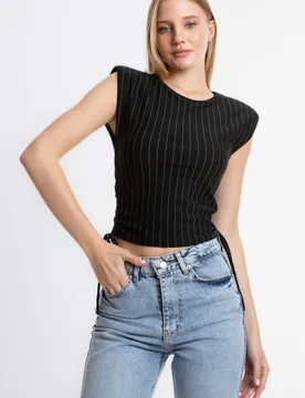 Womens Striped Round Neck Ruched Sides Drawstring Blouse - Black - Size Small - Hiccup - FashionsVida