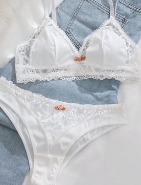 Set de 2 sujetadores cómodos para mujer, sin alambres, con acolchado y copas triangulares con ribete de encaje, lencería, Kawaii