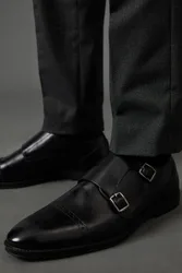 Men's Black Leather Smart Monk Strap Brogue Shoes Size: 9 - Black - Size: 9