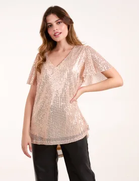 Angel Sleeve V Neck Sequin Top - L / GOLD - female - Blue Vanilla - FashionsVida