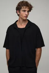 Herren Kurzärmliges Geripptes Reverskragen Übergroßes Hemd Black Größe XL