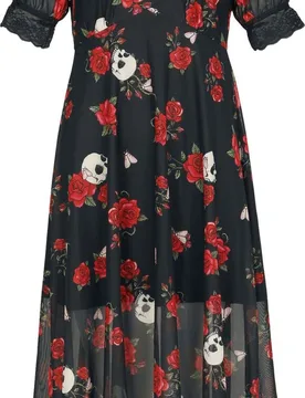 Rockabilly Kleid knielang - Skull And Rose Print Lace Panel Midi Dress - XS bis L - für Damen - Größe M - multicolor - Frauen - female - Jawbreaker - FashionsVida