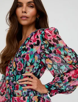 Flora Wraparound Floral Print Mini Dress In Multi - 8 - Lily and Lionel London Limited - FashionsVida