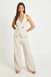 Womens Crepe Gold Button Wrap Front Jumpsuit - Beige Viscose - Size 16 Uk