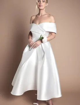 Women's Lisa Tan Petite Twill Bardot Waisted Midi Wedding Dress in Ivory Size: 8 - Ivory - Size: 8 - Coast - FashionsVida