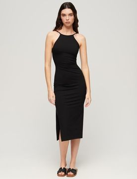 Superdry Damen Jersey-midikleid mit Spitzenrücken Schwarz - Größe: 42