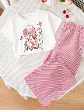 Estos son dos conjuntos para niñas: Una camiseta de punto blanca, ajustada y casual de manga corta con decoración de lazo; combinada con pantalones