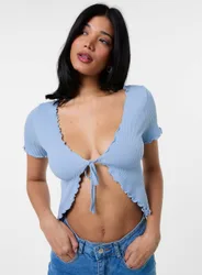 Women's Lettuce Hem Tie Front Top in Blue Size: Small/Medium - Blue - Size: S/M