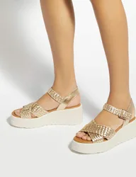 Leather Metallic Ankle Strap Wedge Sandals Gold female