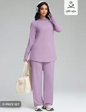 Conjunto deportivo de top con capucha y pantalones de unicolor con protección solar de manga larga para mujer, primavera/otoño - Shein - FashionsVida