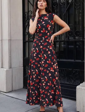 Women's High Neck Floral Poppy Print Dress in Black Size: 18 - Black - Size: 18 - Roman - FashionsVida