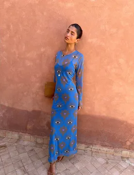 Mesh Eye Print Maxi Fitted Dress Blue Mix female - Never Fully Dressed - FashionsVida
