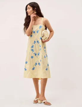 Pure Cotton Embroidered Square Neck Dress Yellow female - Monsoon - FashionsVida