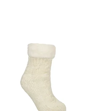 Women's 1 Pair Faux Fur Lined Chenille Cable Slipper Socks Off White 4-8 - White - Size: Small - SockShop - FashionsVida
