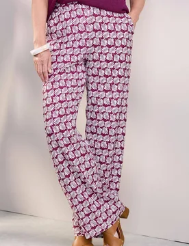 Women's Pull On Printed Wide Leg Trousers 27" (68.5cm) inside leg in Rose Size: 10 - Rose - Size: 10 - Cotton Traders - FashionsVida