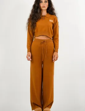 Women's High Waist Wide Leg Knit Trousers in Brown Size: 16 - Brown - Size: 16 - BALOU - FashionsVida
