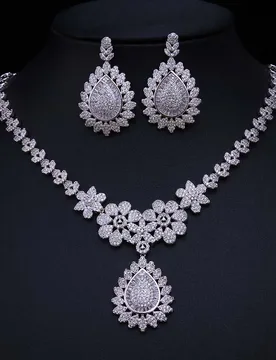 Wedding bride jewelry sets silver color zirconia necklace earrings flower big water drop pendant dinner party jewelry set - Aliexpress - FashionsVida