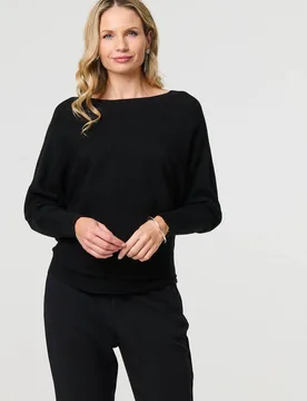 Lace Trim V-Back Boat Neck Jumper Top - Black - Size: 8 - Izabel London - FashionsVida