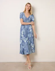 Shirred Button V Neck Midi Dress - L / DENIM - female
