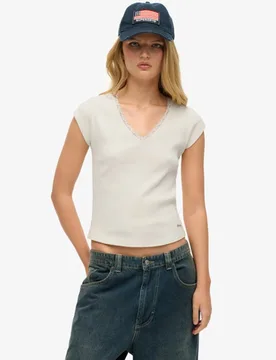 Superdry Women's Essential Oberteil mit Spitzenbordüre Weiß - Größe: 42 - 29.99 - FashionsVida