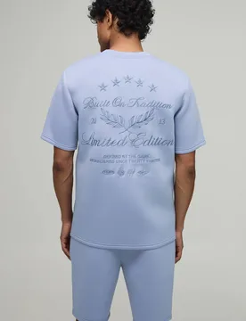 Herren Besticktes Limitiertes Regular-Fit Bonded-Scuba Oberteil & Schmal Geschnittene Biesen-Shorts Set Dusty Blue Größe Medium - boohooMAN - FashionsVida