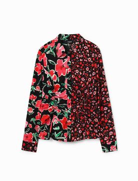 Camisa fruncida flores, Mujer, Viscosa, Rojo, XS