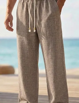 Pieza Pantalones rectos con cordón de lino sintético color albaricoque para hombres, tela suave y cómoda tipo lino, casual para vacaciones y uso di - Shein - FashionsVida