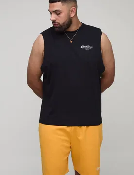 Herren Plus Drop Armhole Landschaftsdruck Tanktop & Entspanntes Shorts Set Black Größe 2XL - boohooMAN - FashionsVida