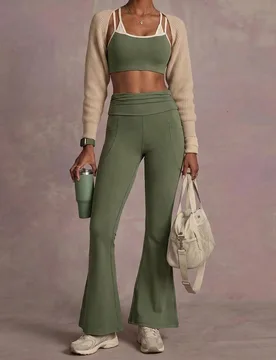 Conjunto de top camisola corto con bloques de color y pantalones largos de cintura alta para uso diario y deportivo casual para mujer - Shein - FashionsVida