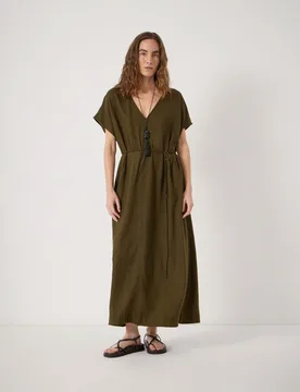 Linen Blend V-Neck Midaxi Waisted Dress Olive female - hush - FashionsVida