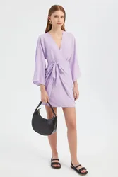 Womens V Neck Balloon Sleeves Mini Wrap Dress - Lilac - Size Large