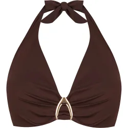 Top de bikini halter atado al cuello y estampado lisco en color marron oscuro