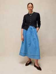 Pure Cotton Denim Midi A-Line Skirt Blue Denim female